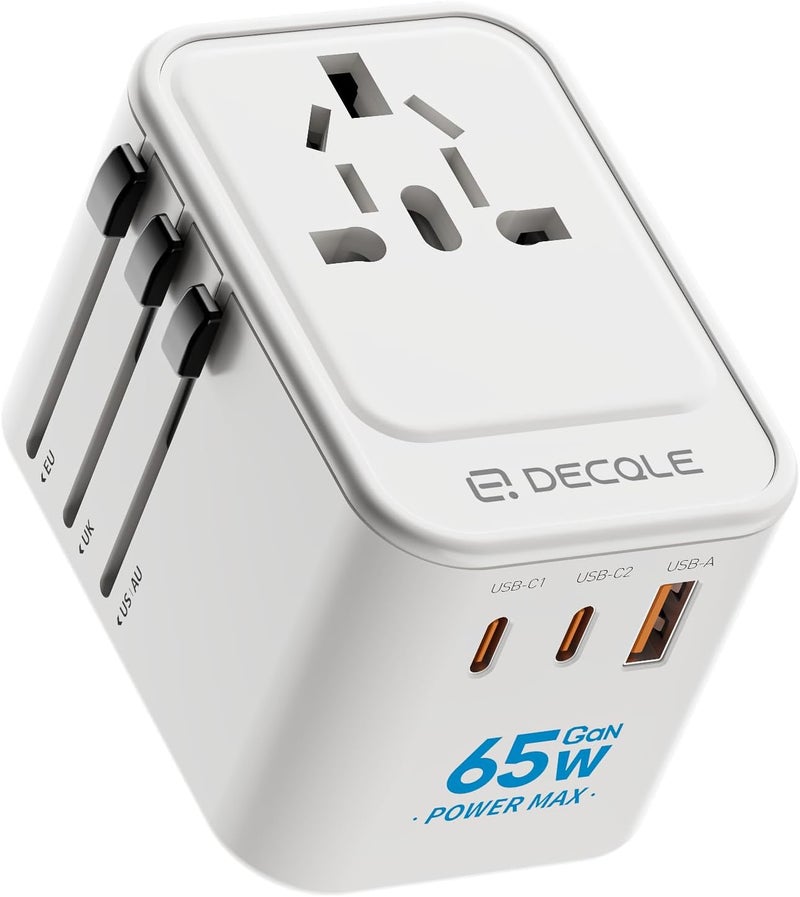 D DECQLE Universal Travel Adapter, International Travel Plug Adapter with 2 USB-C(GaN 65W) ＆ 1 USB-A Ports, All in One Portable Adaptor, for USA, UK, EU, AU ＆ 224+ Countries (White) US - Image 1